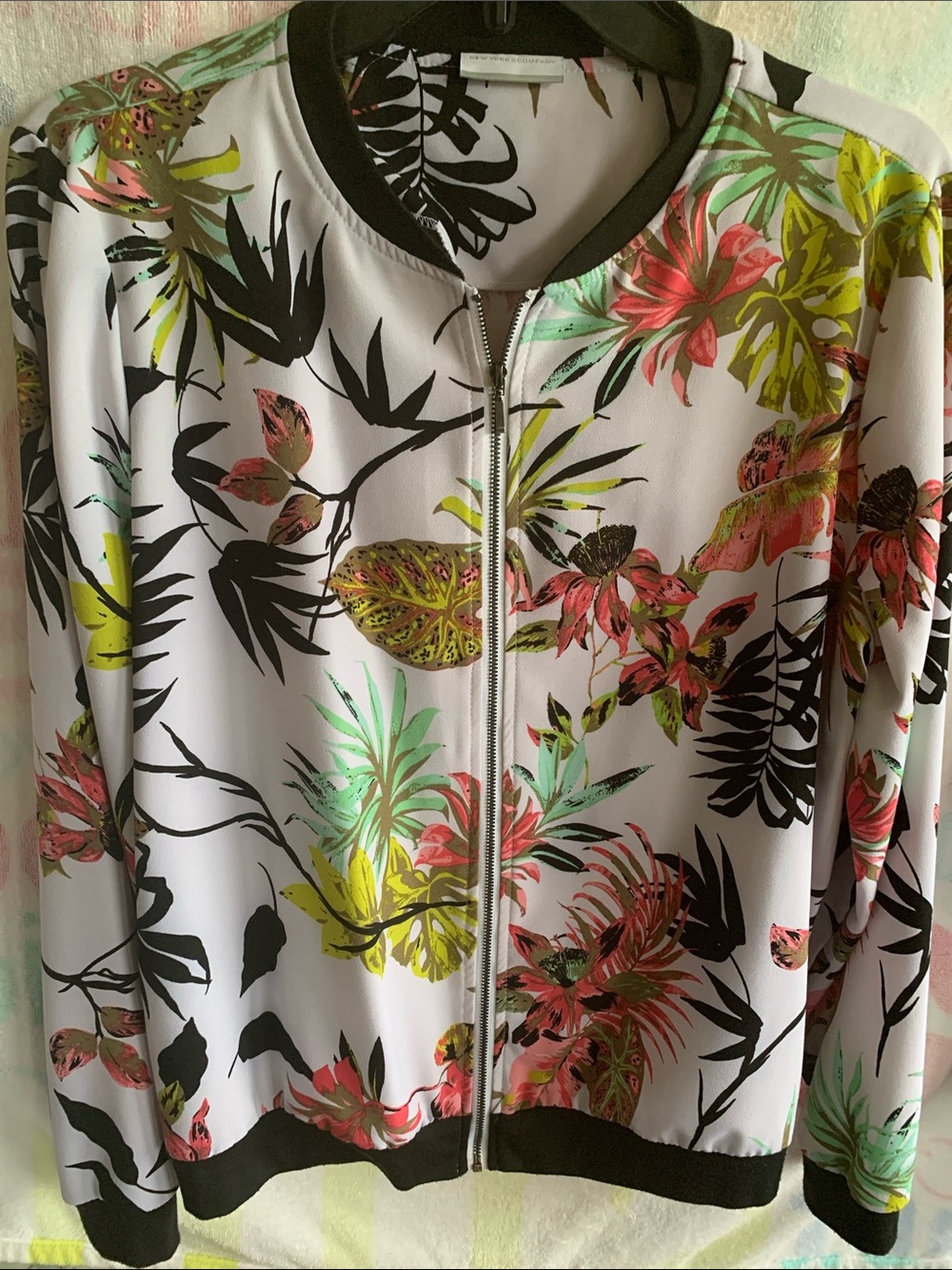 New York & Company White Floral Tropical Bomber Jacket with Pink & Green